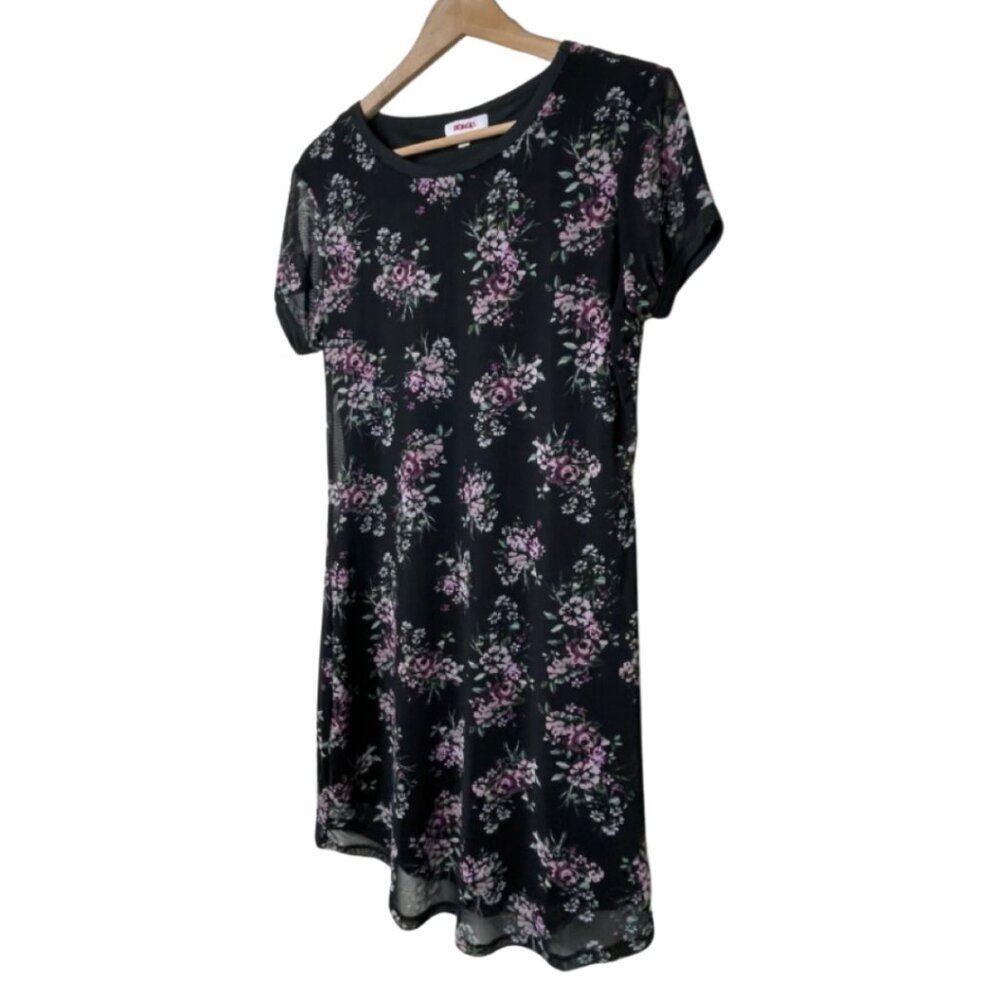 BONGO | Black Floral Mini Shirt Dress Short Sleeve Purple Flowers | Size L - Picture 3 of 9